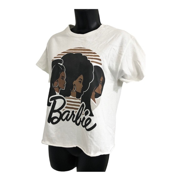Beautiful black Barbie collage crop rolled hem off-white‎ T-shirt size small new - Picture 12 of 16